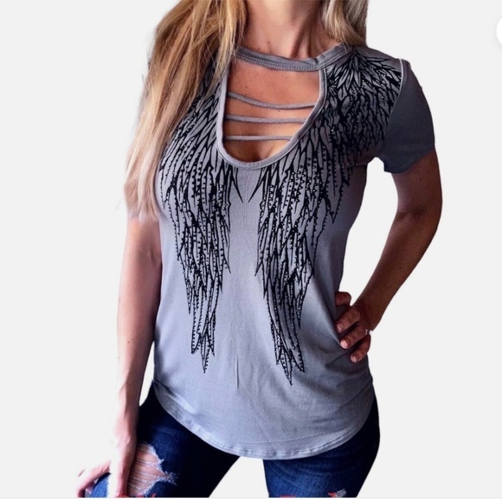 New VOCAL Women's Ladder Cutout STONE EMBELLISHED Angel Graphic Top Shirt